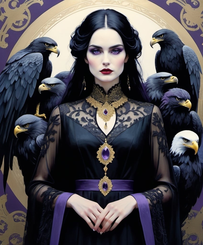 Prompt: Use style of Iren Horrors, Kees van Dongen, Paul Lovering, Mark Knight, Warren Ellis, Maciej Kuciara: Dim lighting, Gloomy atmosphere, Gothic pale woman with dark silver hair and violet eyes, surrounded by a circular formation of nine realistic, solemn big eagles with detailed feathers. The woman is centered and wears a long lace black dress with a high neck and long sleeves. Her attire includes an intricate golden embroidery with an elaborate design. The background is a smooth, dark gradient with subtle golden elements that echo the top arch of a halo or ornate frame.