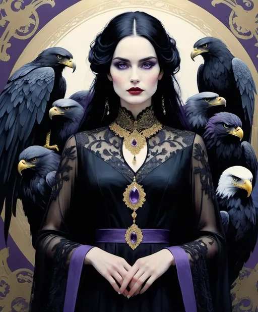 Prompt: Use style of Iren Horrors, Kees van Dongen, Paul Lovering, Mark Knight, Warren Ellis, Maciej Kuciara: Dim lighting, Gloomy atmosphere, Gothic pale woman with dark silver hair and violet eyes, surrounded by a circular formation of nine realistic, solemn big eagles with detailed feathers. The woman is centered and wears a long lace black dress with a high neck and long sleeves. Her attire includes an intricate golden embroidery with an elaborate design. The background is a smooth, dark gradient with subtle golden elements that echo the top arch of a halo or ornate frame.