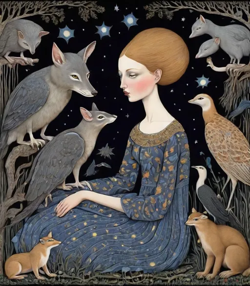 Prompt: She is a night girl with night animals style of Genevieve Godbout, Morris Hirshfield, Robert Gillmor, Amy Giacomelli. Extremely detailed, intricate, beautiful, 3d, high definition 