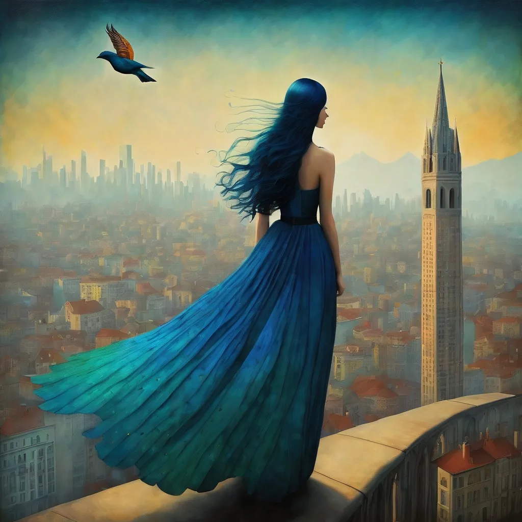 Prompt: In style of christian Schloe and daria Petrilli, a beautiful young lady with a very long and wild  ombre gradient blue hair is flying in a colorful giant bird back over a city skyline. Naive art, extremely detailed, optical illusion, oil painting 