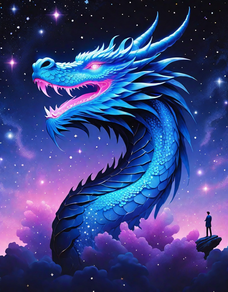 Prompt: mesmerizing man and neon shiny indigo color dragon, by Pierre et Gilles, minimal figures, nightscape, sparklecore, starry skies 