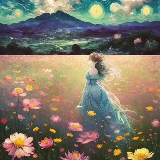 Prompt: A very pretty dreamy in a field of flowers girl art by Lin Fengmian, Anna dittmann, Justin Gaffrey, John Lowrie Morrison, Patty Maher, John Ruskin, Chris Friel, van Gogh, Valerie Hegarty, endre penovac. 3d, soft colors watercolors and ink, beautiful, fantastic view, extremely detailed, intricate, best quality, highest definition