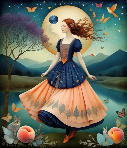 Prompt: Style by Anastazja Markowicz, Tomasz Sętowski, Catrin Welz-Stein, Kathleen Lolley: The wandering beautiful mythical  mage, she sings a whimsical tune to enchant the animals, whimsical landscape, Vivid warm colors (use colors like: peach, indigo, purple, yellow), beautiful, dreamy. 