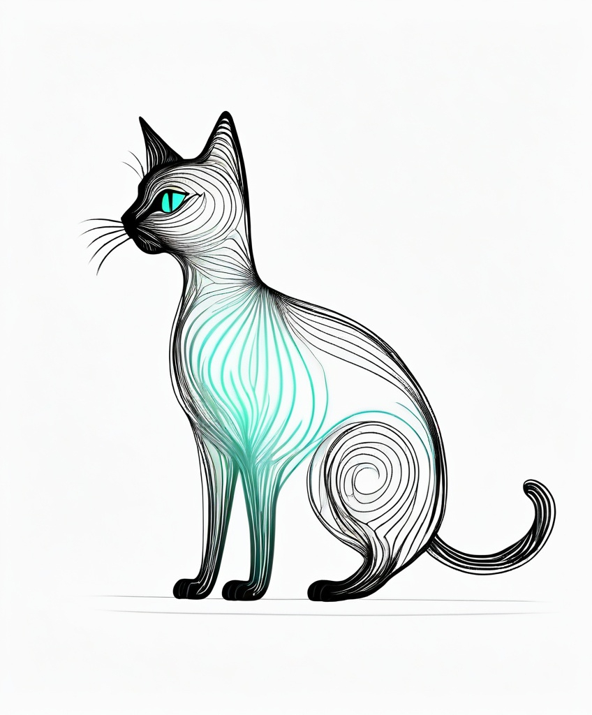 Prompt: chalcedony hue fluorescent simple black and white line doodle art exaggerated perspective of a forward-facing wirey cat on a white background, frontal gait view 