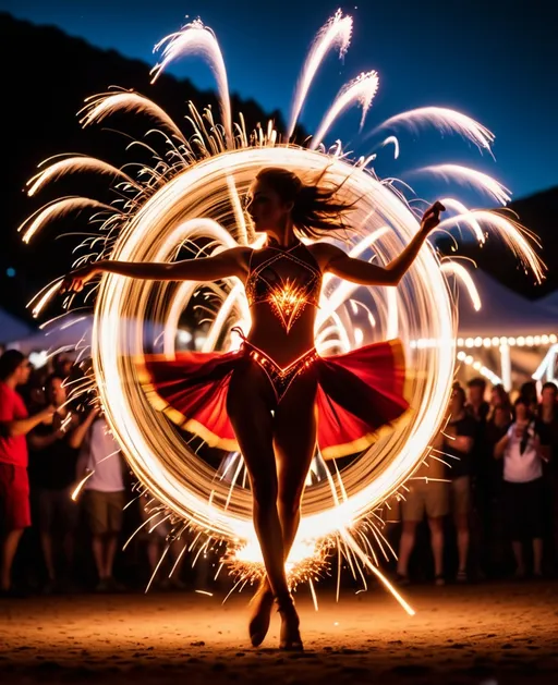 Prompt: festival photography, firedancer surrounded by sparks, time-lapse motion blur, hyperlapse, commercial imagery, Lustrous Backglow , no clock