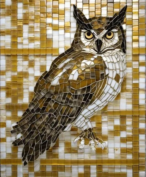 Prompt: glass subway tiles, mosaic depicting a horned owl, gold and white, strong visual flow 