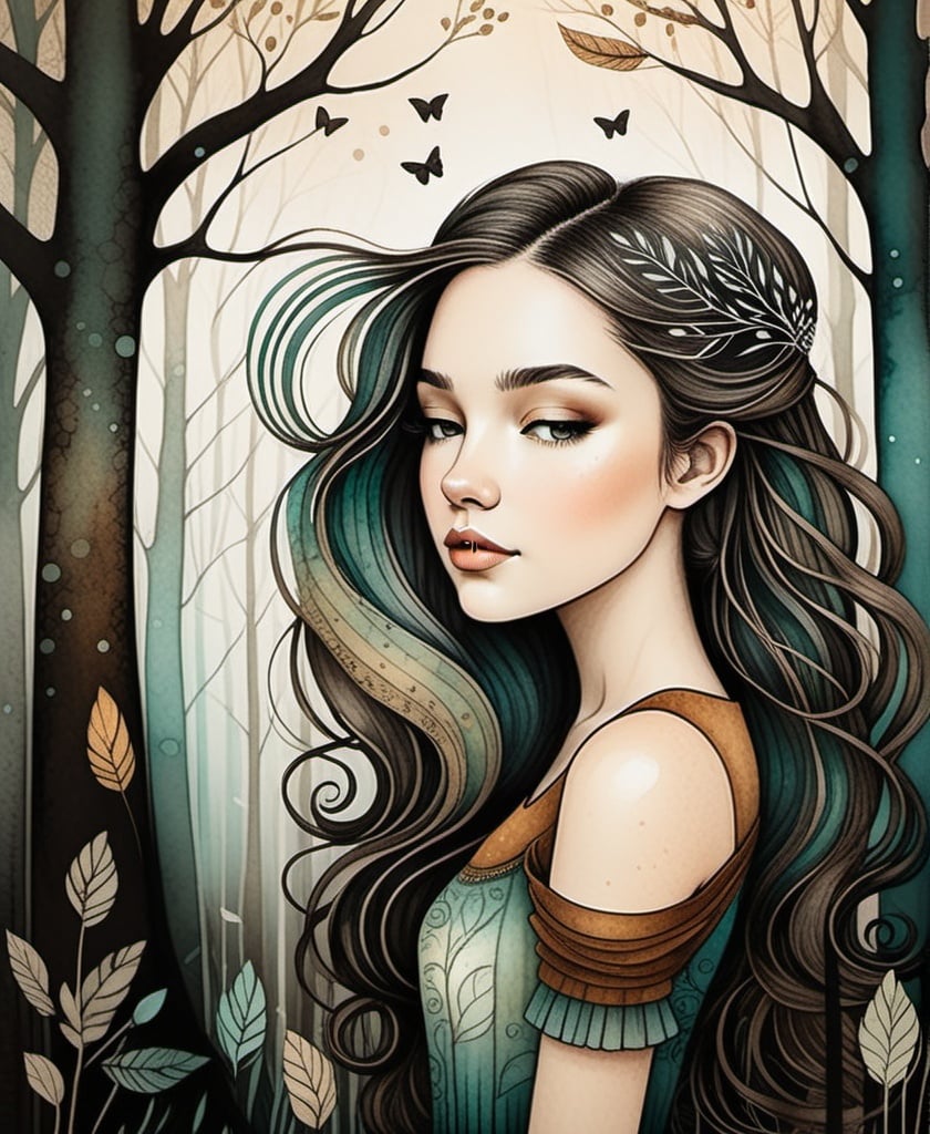 Prompt: The beautiful darling young lady with blowing hair art by Marc Johns, Jessica Galbreth, Kathrin Honesta. Gritty patina texture, gradient inking colors, Dreamy atmosphere, Whimsical forest background, Extremely detailed, intricate, beautiful. 
