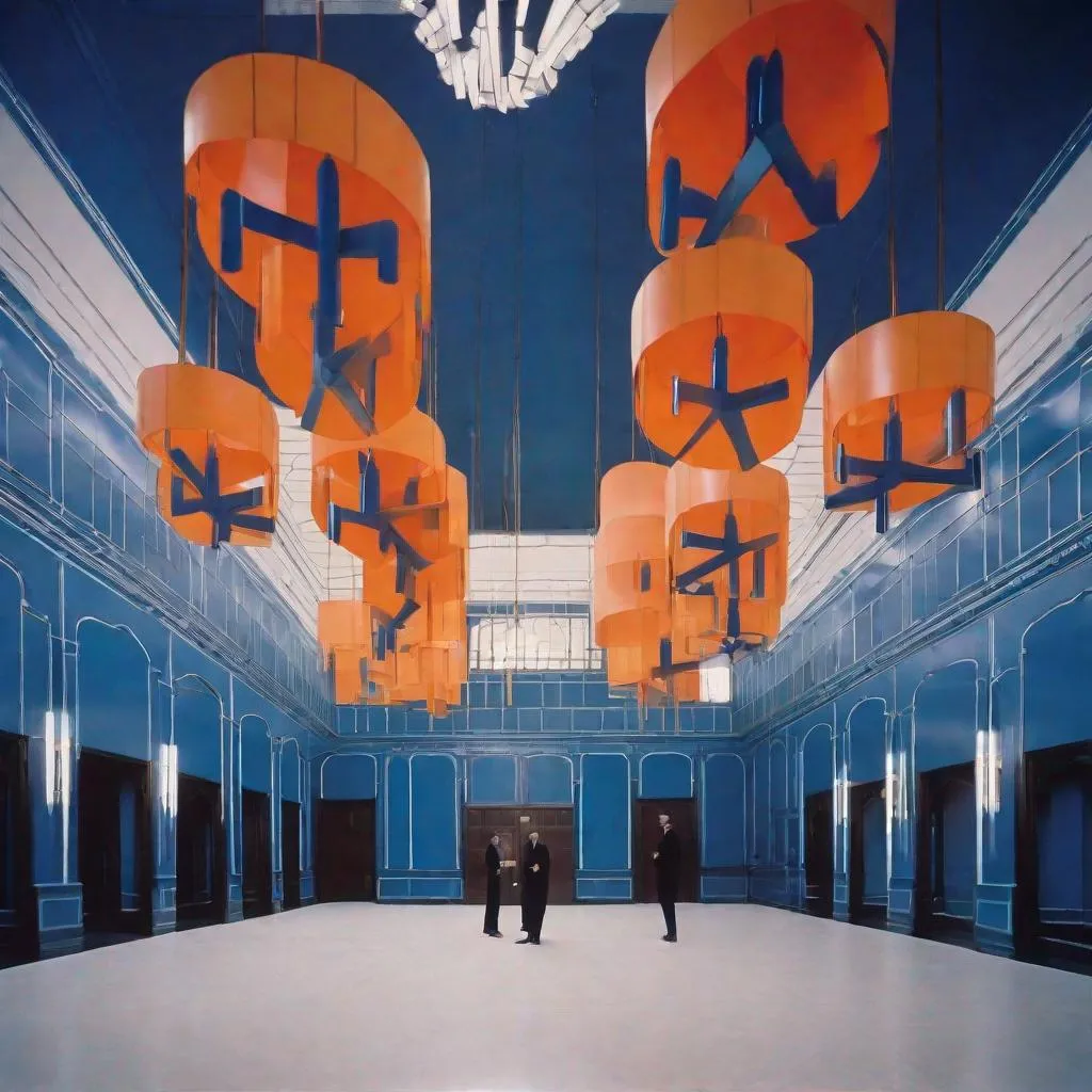 Prompt: aerial shot lumino kinetic treatment blue orange chandelier in a art deco hall New York city 1987 by elsa bleda, tricky minimal male figures 