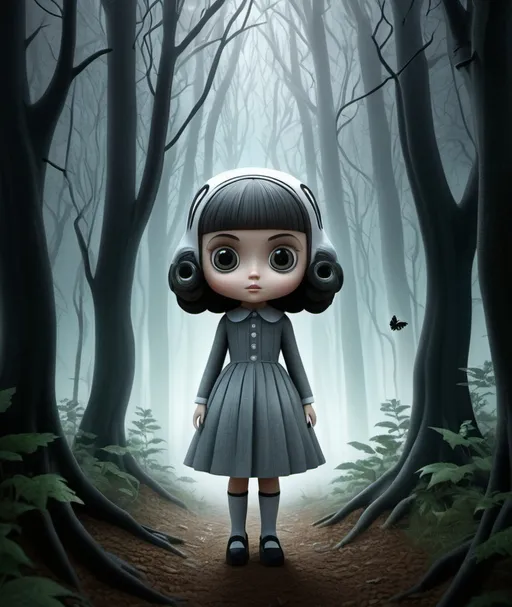 Prompt: a sisyphean girl in a forest with large eyes, in the style of ghostly forms, electric optical illusions, daz3d, eric ravilious, hellish background, haunting figuratism, trapped emotions depicted, chibi style