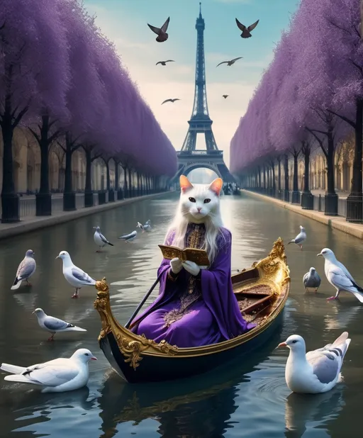 Prompt: She is underwater, 🦀 flood water in paris, cat among pigeons, 🎆 ethereal fashion holy ark of covenant discovery, gold gilded details I feel the lavender haze creepin' up on me , shimmering, photography by annie leibovitz, Ori Gherst,Animorphia - Kerby Rosanes, James christensen , 16K HD, sharp focus, attention to details 