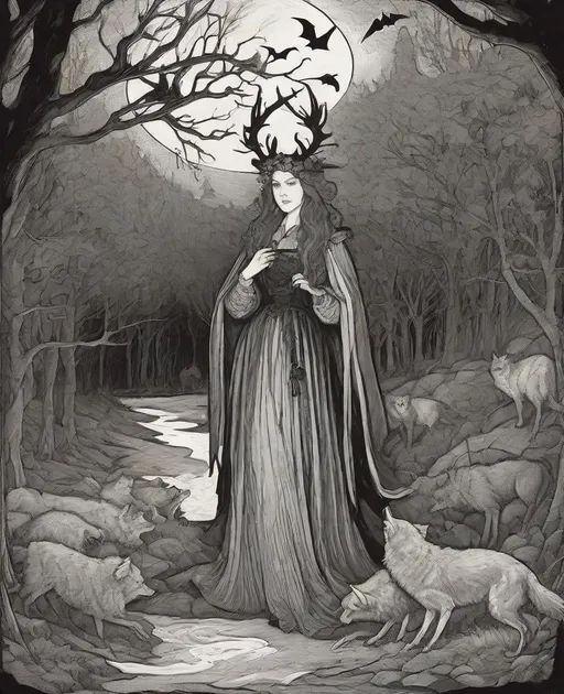 Prompt: Abigail Larson, Gustav Dore, Albrecht Durer: On a winter's night, a beautiful sorcerer goes out to the wilderness to commune with the spirits of death and decay, bats, horned owls, wolves and ghosts, Mysterious