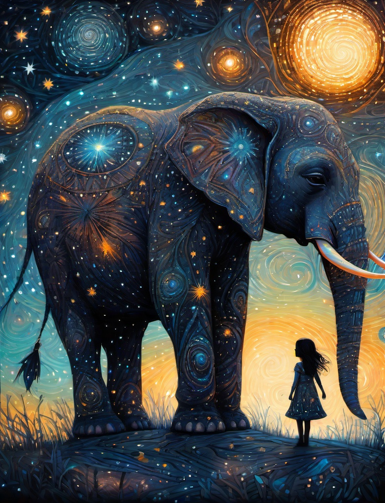 Prompt: The native american pretty girl wearing her starry clothes with her cute elephant friend. In style of james r eads,  Sam Toft, Anna dittmann, Justin Gaffrey, John Lowrie Morrison, Patty Maher, John Ruskin, Chris Friel, van Gogh. 3d, extremely detailed, intricate cinematic lighting, high definition 