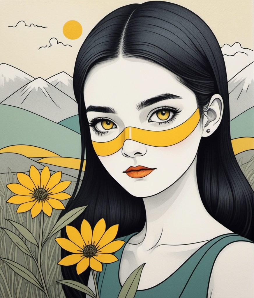 Prompt: Ghastly Girl wonder holding a yellow flower, Lim Heng Swee, Kate Leth, Katy Smail, minimalist landscape background, piercing odd colored eyes, encaustic texture.