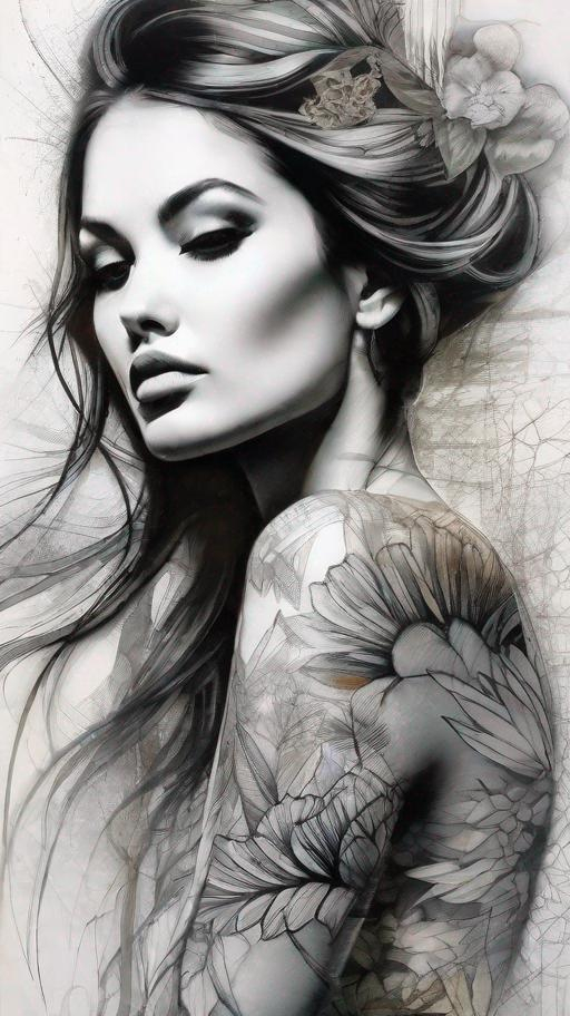Prompt: Dazzling Female beauty Art by Gabriel Moreno, through graphic and elegant image, Crayon lines that show beauty and hide fragility, fear, ephemeron, sensuality, and tattoo lines, coursing through the skin of the figure and revealing what its beauty hides. Mixed media, Highly detailed, intricate, beautiful, high definition, fantastic view. 3d, Watercolors and Ink, intricate details, volumetric lighting