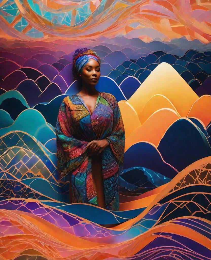 Prompt: incandescent plasma,A mixed eclectic woman wearing washi tape, in the style of illuminated landscapes,gardens, cut-out silhouettes, body art, 8k resolution, undulating lines and curves, human connections