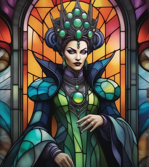 Prompt: graffiti poster with harmonic colors and organic shapes of a evil biopunk empress in tease pose, trompe l’oeil, stained glass, vortexcore, bokeh, deep perspective, depth, metamorphic, enigmatic