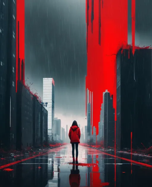 Prompt: look up to the sky, constructivist glitch art,red rain down,girl shed red tears ,kneel on the ground and pray,broken city,32K,more details,epic 