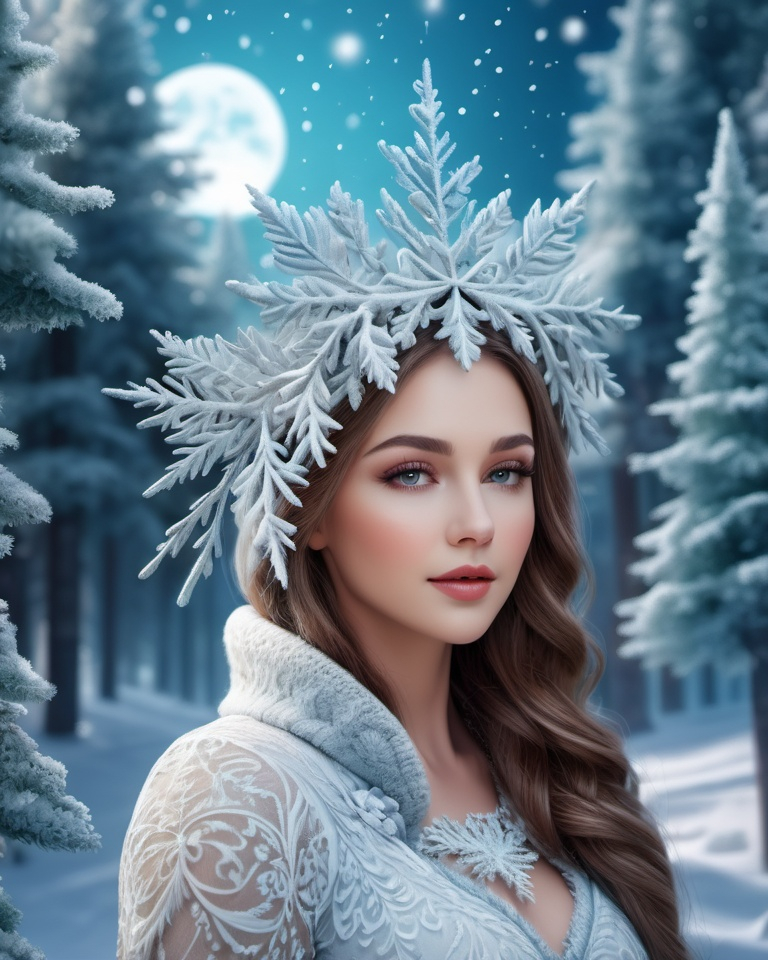 Prompt: Fantasy young woman dreams winter forest christmas setting, 3d, extremely detailed, intricate, beautiful 