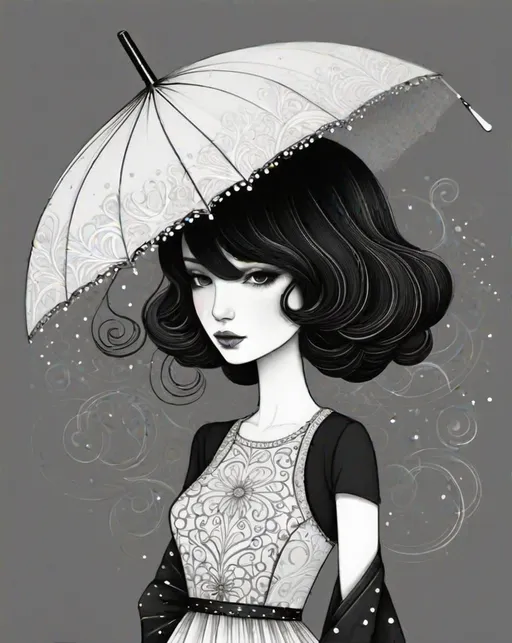 Prompt: A black and white illustration with a woman wearing a dress and umbrella, in the style of jeremiah ketner, hayv kahraman, gabriel pacheco, raw vulnerability, naive charm, line and dot work 
