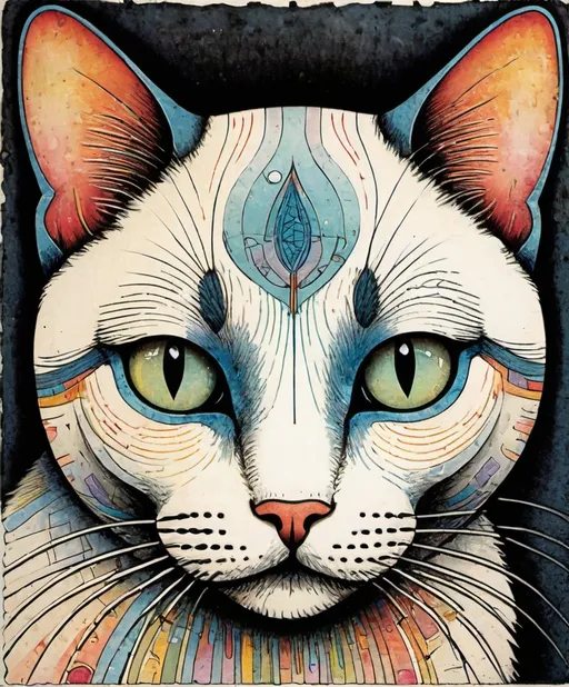 Prompt: Lithography print, intricate fine lines, gradient crossed colors, a whimsical beautiful cat, piercing odd colored eyes, Marc Johns, Javier Mariscal, Charles Rennie Mackintosh  style, encaustic texture.