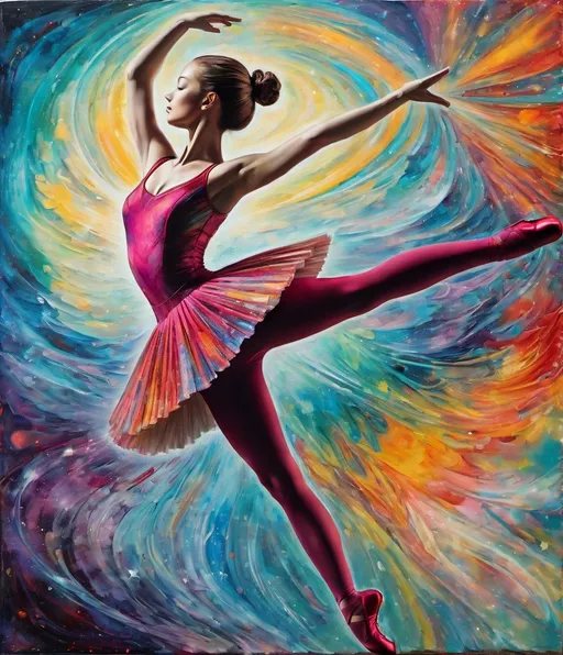 Prompt: A ballet dancer does a pirouette, a heliocentric reality revolving around art science and philosophy where our thoughts drive motion and motion inspires thought in a perpetual world of progress, encaustic painting, decoupage, idealwave dreamcore futurepunk a new world is arising in vibrant bold textures and colors more is less and less is more in an organically balanced world tipping the plane of consiousness, huzzah 