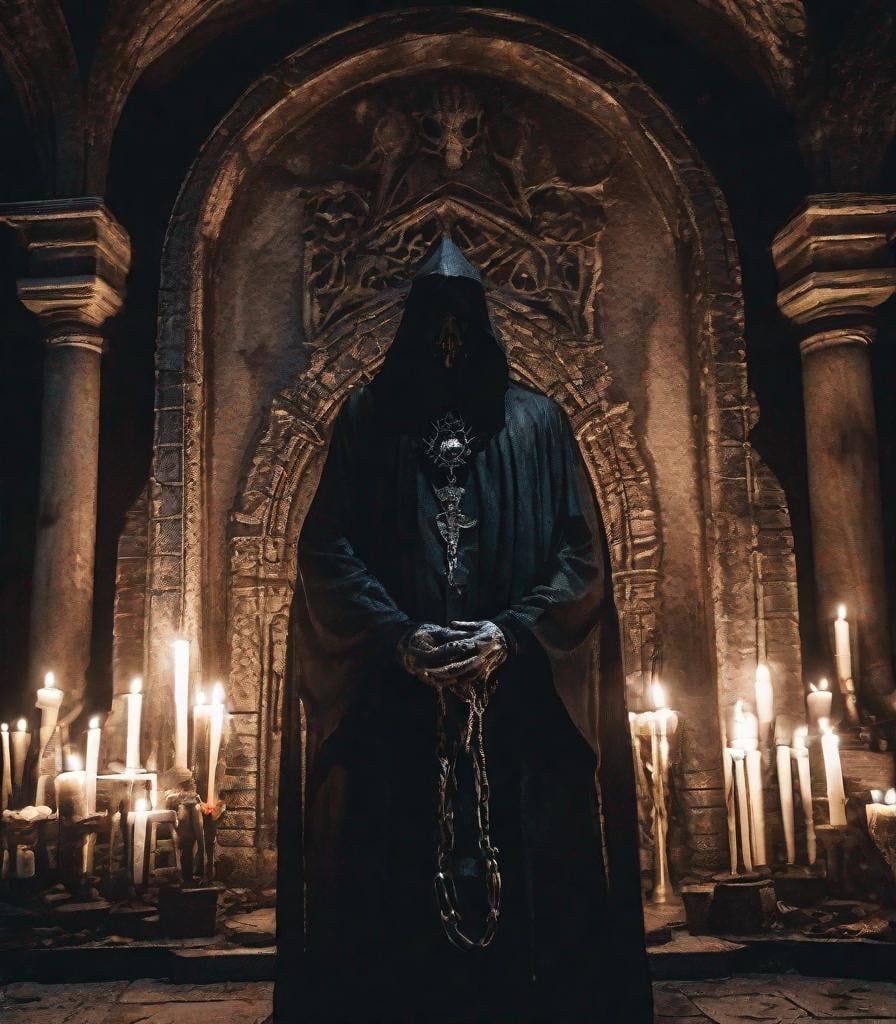 Prompt: Gothic, Ancient Necromancer, Wearing Tattered Robes, Too Many Wizards, Dark Ritual Altar, Summoning Undead, Inside, Forgotten Crypt, Candlelit, Ominous Shadows, Extreme Close-up, Macro Lens