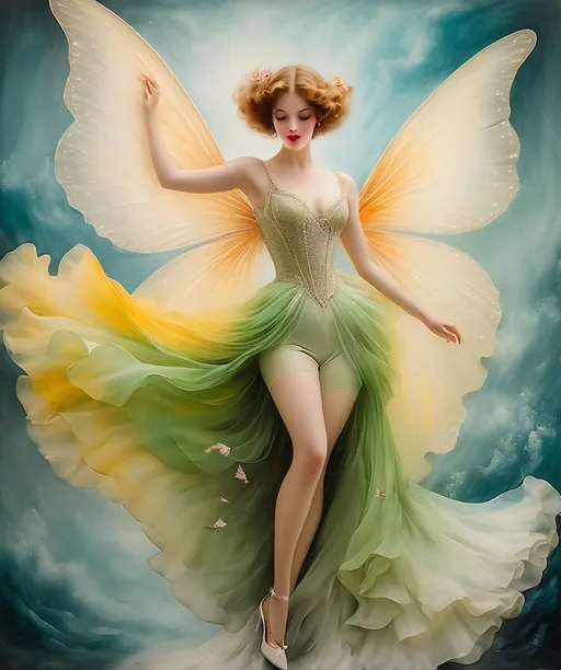 Prompt: This beautiful lady, wearing fluttering clothes, make my world go round, surreal photography in the style of Louis Icart, encaustic paint, mixed media, 3d, beautiful, best quality, highest definition, elegant