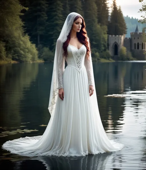 Prompt: lady of the lake ,long white gown, veil,  medieval grunge