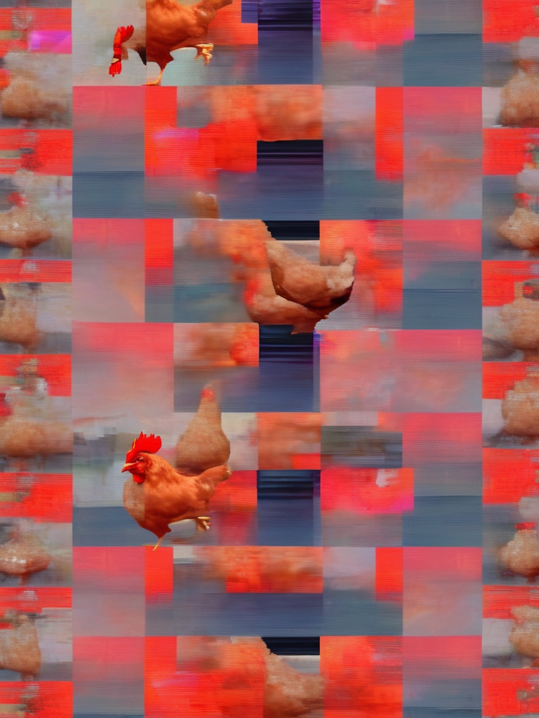 Prompt: metaphorical Chicken crossing proverbial Road, digital collage, glitching, video artifacts, fragmented, pixel shifting, style raw