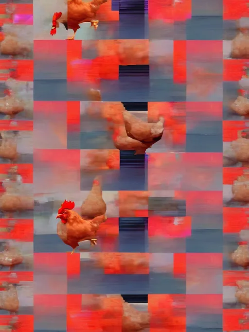 Prompt: metaphorical Chicken crossing proverbial Road, digital collage, glitching, video artifacts, fragmented, pixel shifting, style raw