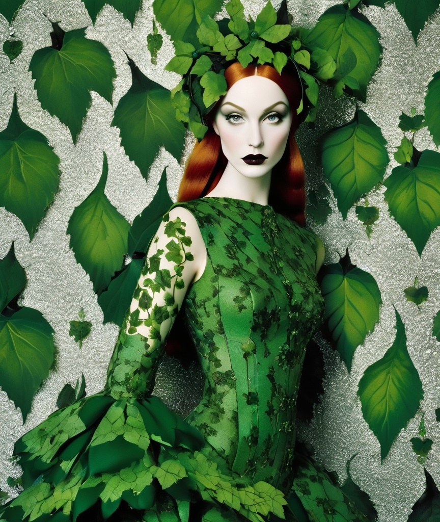 Prompt: intrigued poison ivy medieval grunge fantasy demi goddess vampire in fornasetti style, by laurie simmons