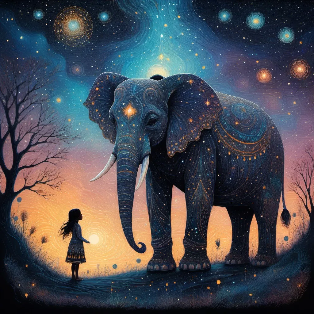 Prompt: The native american pretty girl wearing her starry clothes with her cute elephant friend. In style of james r eads,  Sam Toft, Anna dittmann, Justin Gaffrey, John Lowrie Morrison, Patty Maher, John Ruskin, Chris Friel, van Gogh. 3d, extremely detailed, intricate cinematic lighting, high definition 