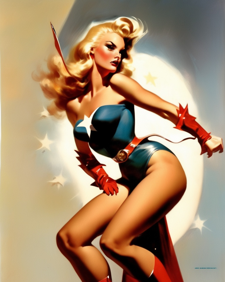 Prompt: superheroine, Asterism Woman. Swagger. Art by Gil Elvgren and Frank Frazetta and Boris Vallejo.