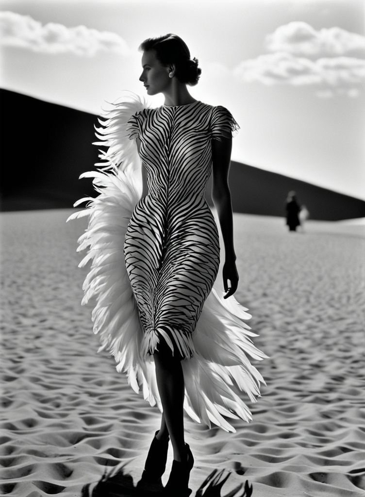 Prompt: i adore her metaphorical chicken feather dress by Jens blumenfeld, Herbert List 