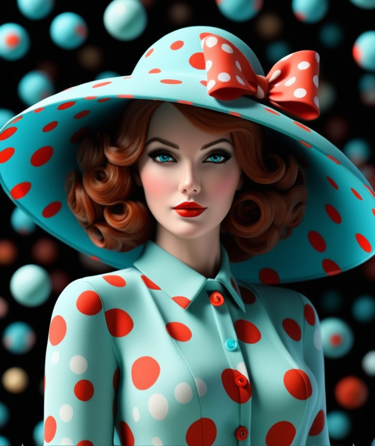 Prompt: The beautiful lady, she is dressed in conspiracy dots. 3d, best quality.