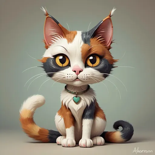 Prompt: cartoon style, quirky but cute calico cat, whimsical and weird, full length including tail and feet, asymmetrical colors on the cats face, brown nose by of Alexander Jansson, 3012806981 