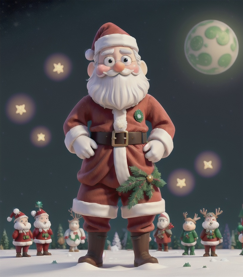 Prompt: Santa has become the ruler of the new world and the whole galaxy. Everything is Christmas. He has an army of elves, reindeers and snowman. Nobody can stop him. The Christmas spirit has taken over everything. The picture is magical, cheerful, maximalist and psychedelic.