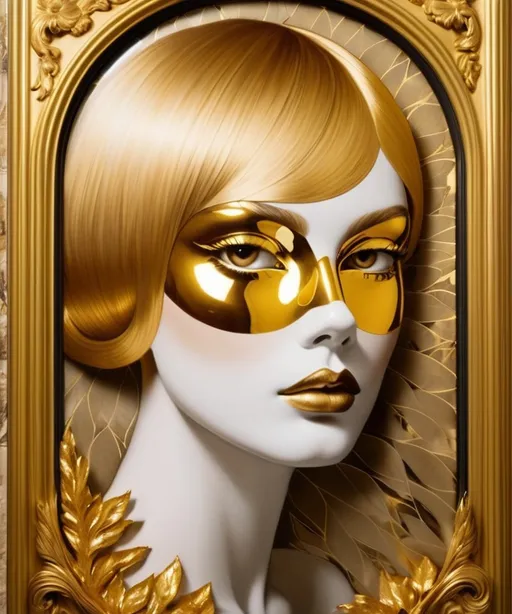 Prompt: smokes mirror golden mirror smoke and mirrors, gold color eyes of a gold leaf in gold hair in fornasetti style, by laurie simmons 