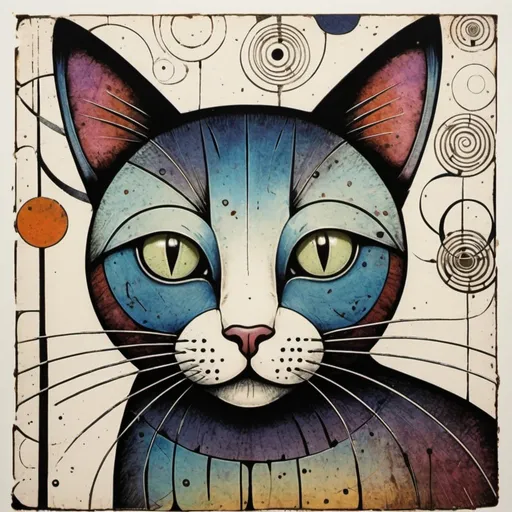 Prompt: Lithography print, fine lines, gradient colors, a whimsical cat, piercing odd eyes, Javier Mariscal and Charles Rennie Mackintosh style, encaustic texture.