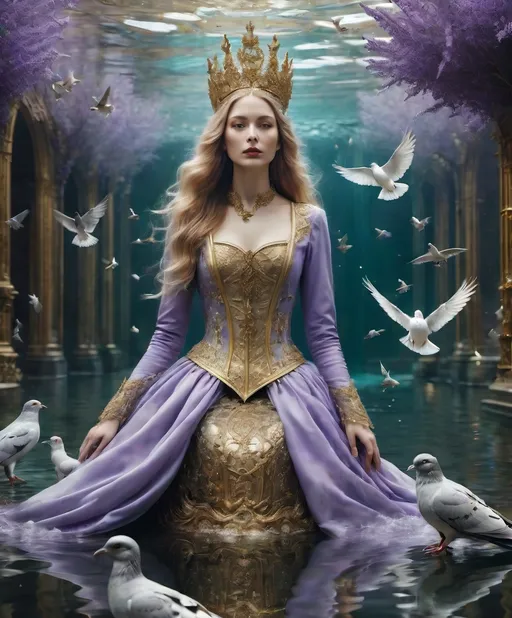 Prompt: She is underwater, 🦀 flood water in paris, cat among pigeons, 🎆 ethereal fashion holy ark of covenant discovery, gold gilded details I feel the lavender haze creepin' up on me , shimmering, photography by annie leibovitz, Ori Gherst,Animorphia - Kerby Rosanes, James christensen , 16K HD, sharp focus, attention to details 