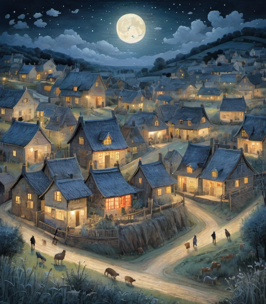 Prompt: The beautiful village with night animals style of Albert Goodwin, Lucy Grossmith, Amy Giacomelli, Wu Guanzhong. Extremely detailed, intricate, beautiful, 3d, high definition 