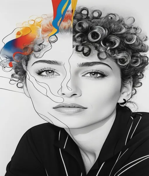 Prompt: A black and white portrait of a woman with curly hair, with a vertical split down the center. One half is a realistic photograph, while the other half is transformed into an abstract, colorful illustration. The illustration contains flowing shapes with vibrant hues of red, blue, yellow, and orange, and the facial features are outlined with bold, expressive lines.