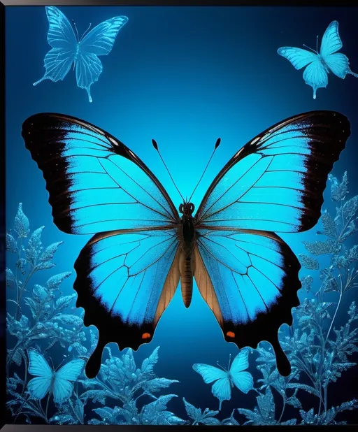 Prompt: sparkly blue butterfly photonegative refractograph 