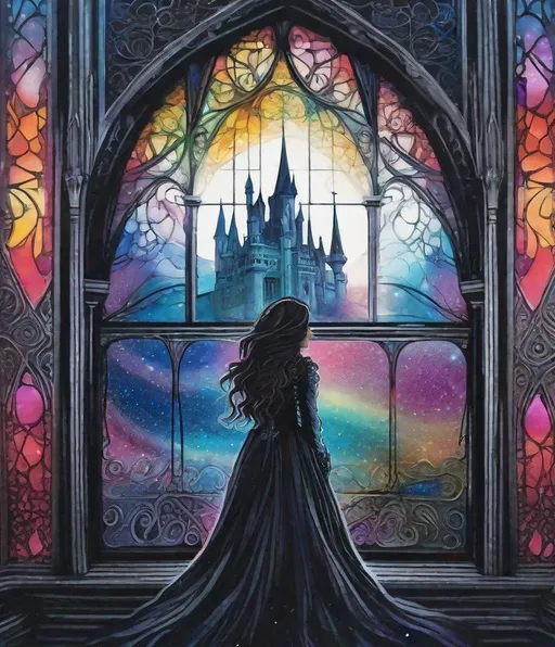 Prompt: a zentangle ferrotype portrait of In a gothic galaxy castle a vampire gazes through a window at the ethereal magic layers swirling in the vivid rainbow solar night in the style of Melanie Delon,  Victoria Francés, Rebeca Saray, Lin Fengmian, Anna dittmann, Justin Gaffrey, Michael Creese