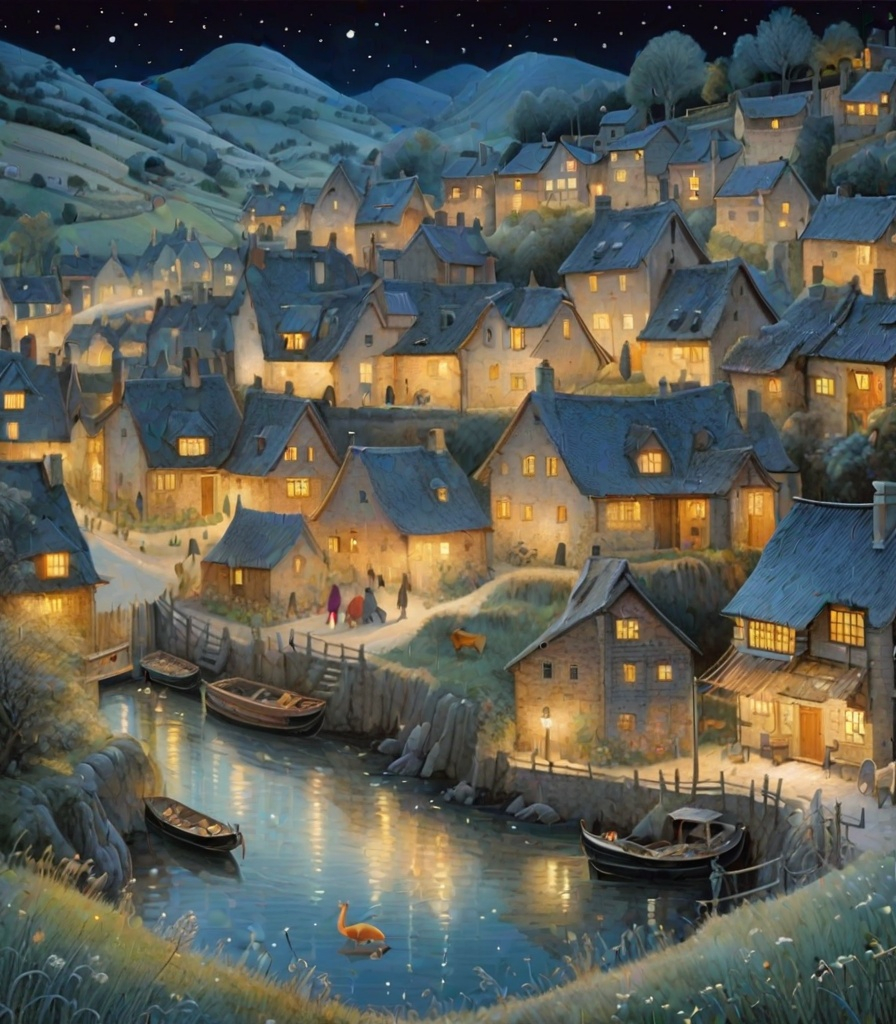 Prompt: The beautiful village with night animals style of Albert Goodwin, Lucy Grossmith, Amy Giacomelli, Wu Guanzhong. Extremely detailed, intricate, beautiful, 3d, high definition 