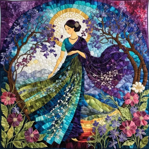 Prompt: In the tapestry of life, every thread matters. Here, death and nature entwine in a vibrant dance of existence. Each stitch a reminder of the beauty that blooms in the presence of the inevitable, a celebration of the cycle that nurtures us all, wisterias dreams decoupage, encaustic painting 