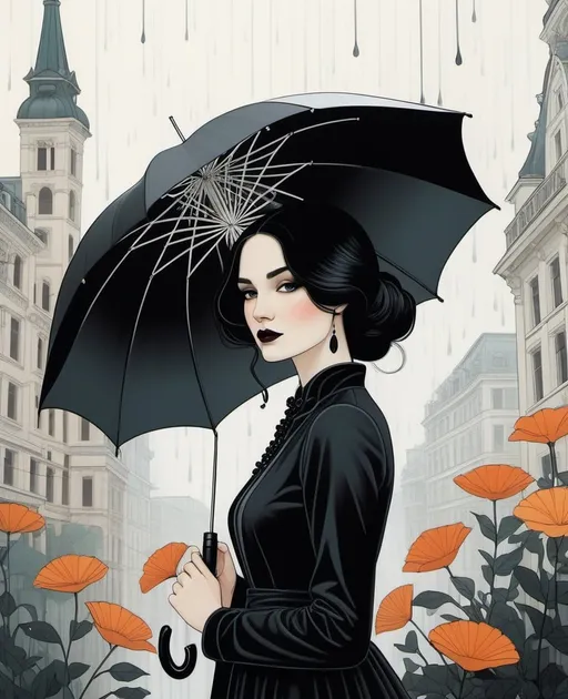Prompt: illustration of a pretty young lady holding an umbrella, in the style of surrealist-inspired works, gothic neo-pop surrealism, Kate Baylay, Hayv Kahraman, Itzchak Tarkay, Troy Brooks, Kevin Wada, Lotta Jansdotter, intricate colorful flowers in a. vienna secession off white and black, raining day, metropolis tall buildings background, intricate flowers, jewelry by painters and sculptors, elegant, emotives faces, goth fashion, subtle playfulness
