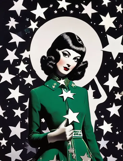 Prompt: vaudeville girl with asterism stars in fornasetti style, by laurie simmons 