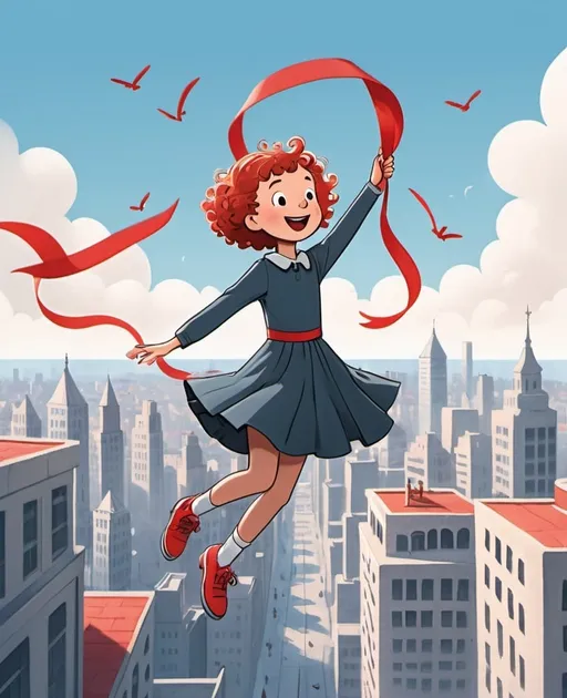 Prompt:  The girl is standing on the edge of an abyss, holding onto red ribbons and flying in the air. The background features city buildings. She has short curly hair and wears a dress with long sleeves. In simple cartoon style, illustrated by Mo Willems. A white sky above her head, full body shot. High angle perspective. 