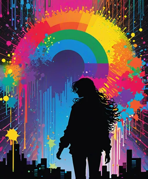 Prompt: Rainbow Cellular automata arranged around a Graffiti Girl's silhouette, on a splashy 1980s inspired backdrop, anime art 